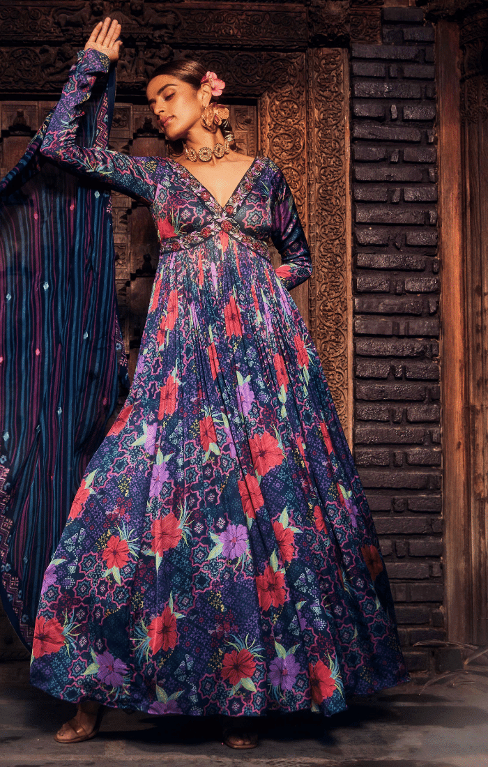 knee length dresses for ladies Masakali Maxi Dress (Blue) – MERAKHI main image 0