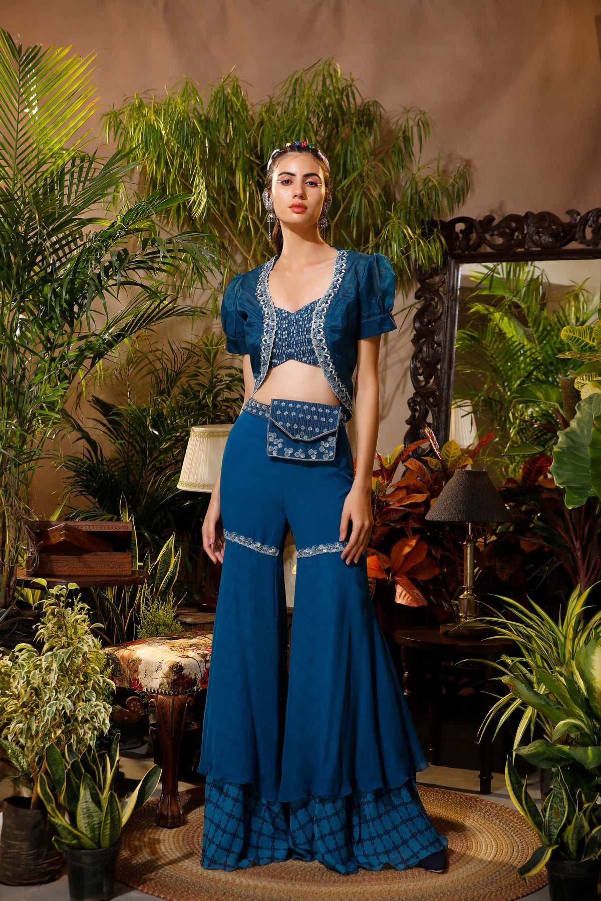 Floral Embroidered Peplum Top with Flared Sharara Pants