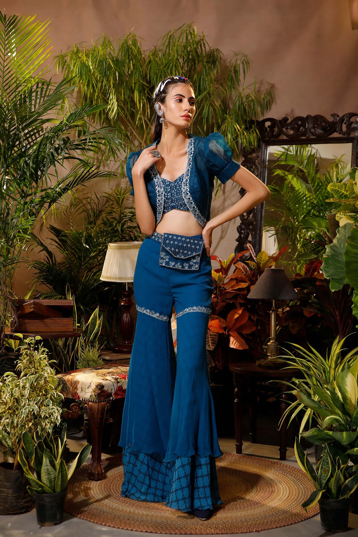 Green crop top with sharara pants by Nandita Thirani